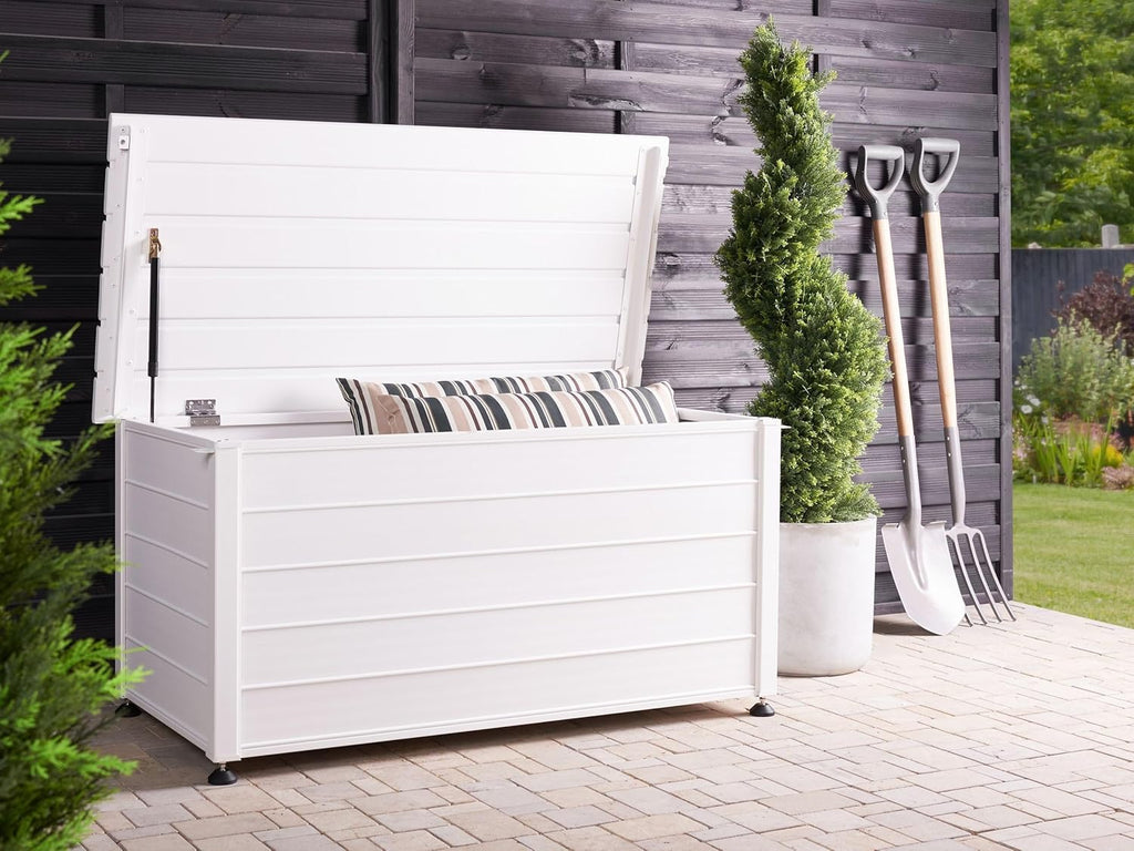 Baúl de jardín Beliani 330L aluminio blanco impermeable, arcón para cojines, caja de almacenaje Campalto