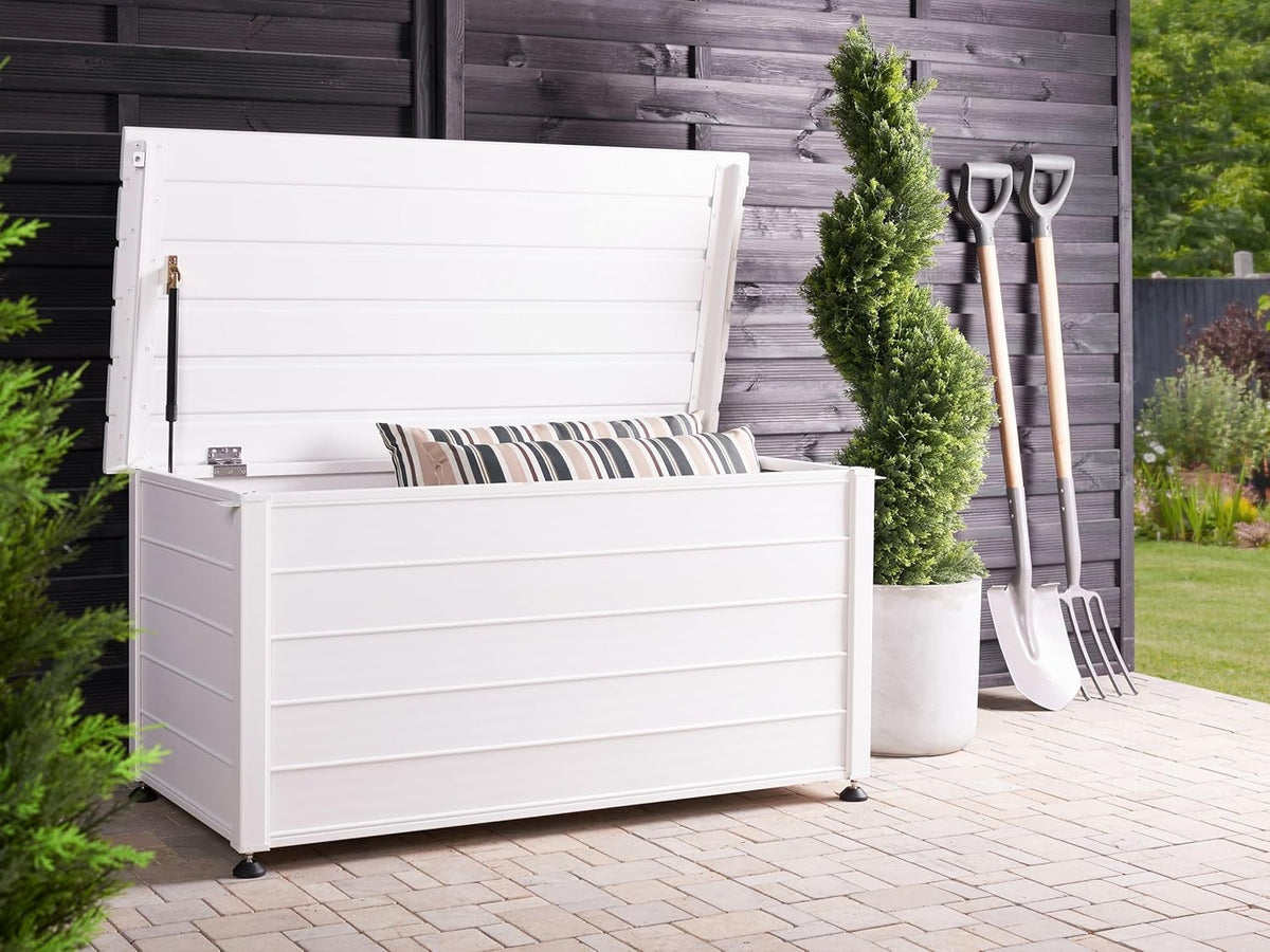 Baúl de jardín Beliani 330L aluminio blanco impermeable, arcón para cojines, caja de almacenaje Campalto