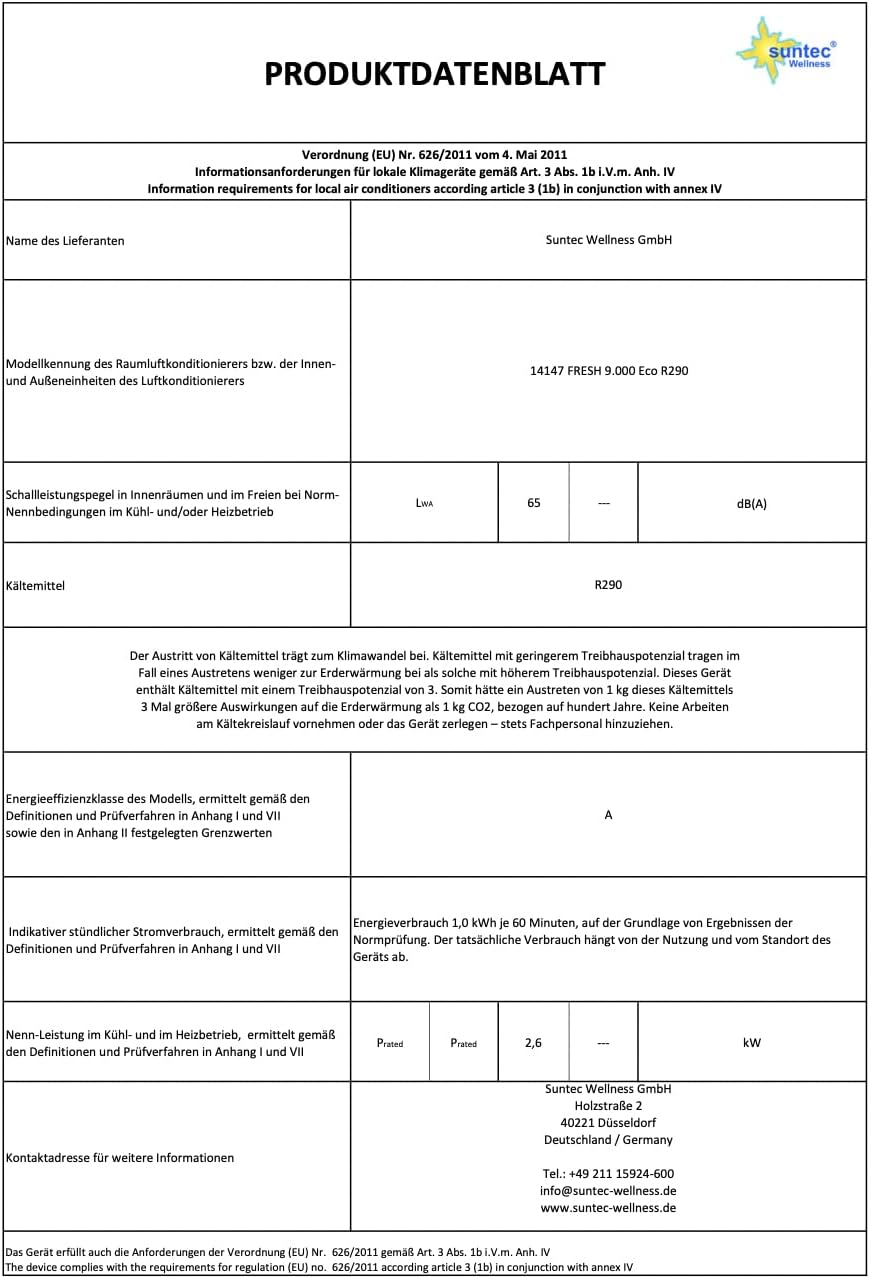 SUNTEC Aire acondicionado portátil Impuls 2.6 Eco R290 – Aire acondicionado móvil y silencioso con tubo de escape – Enfriador y deshumidificador para habitaciones de hasta 34 m² – Refrigeración móvil para hogar y oficina – 9.000 BTU | 2600 vatios