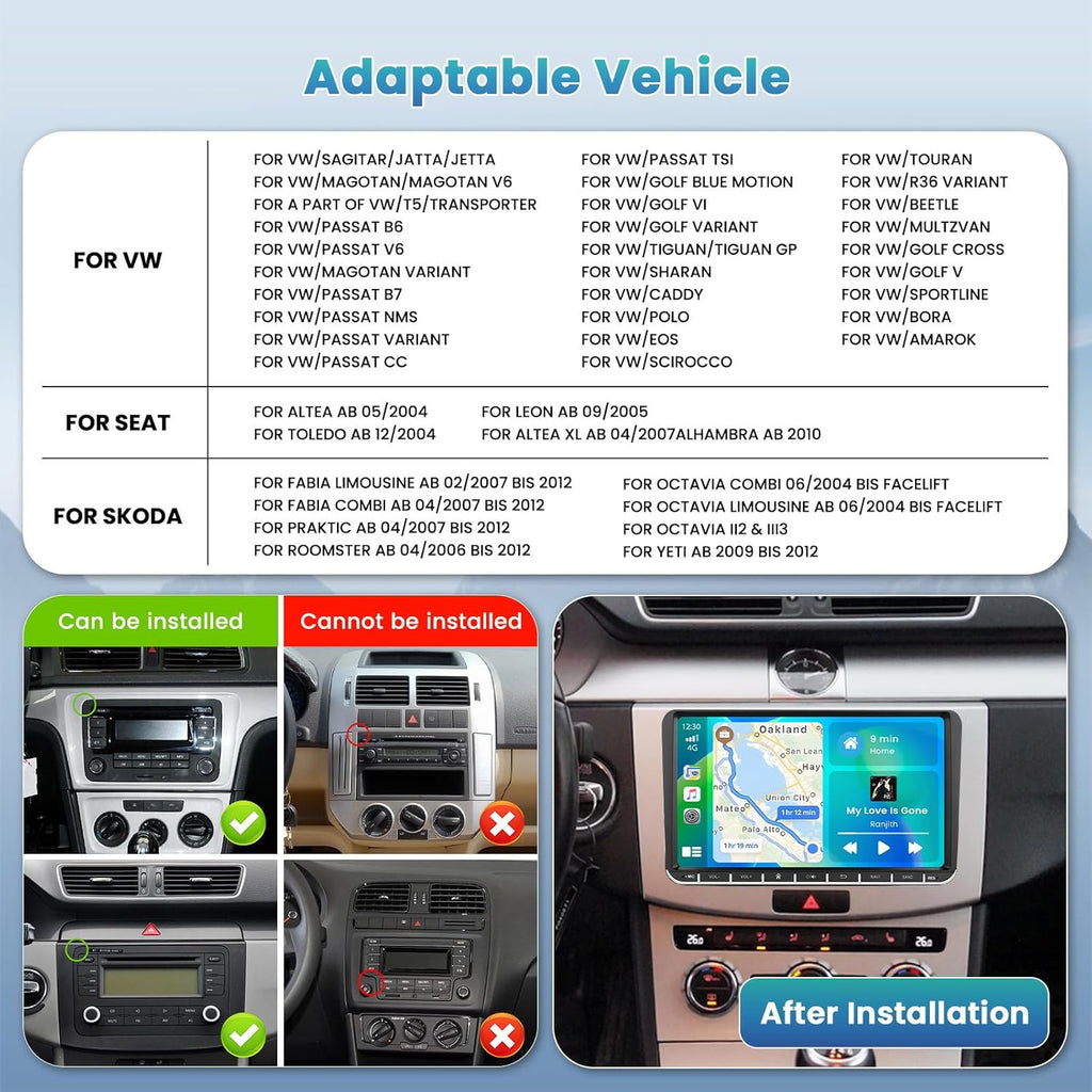 Ohradio 2G+64G 9" Android 15 Autorradio para VW Golf Polo Touran Caddy Passat Seat Estéreo con CarPlay inalámbrico Android Auto GPS FM/RDS Radio WiFi 2USB + Cámara de visión trasera + MIC - 2DIN