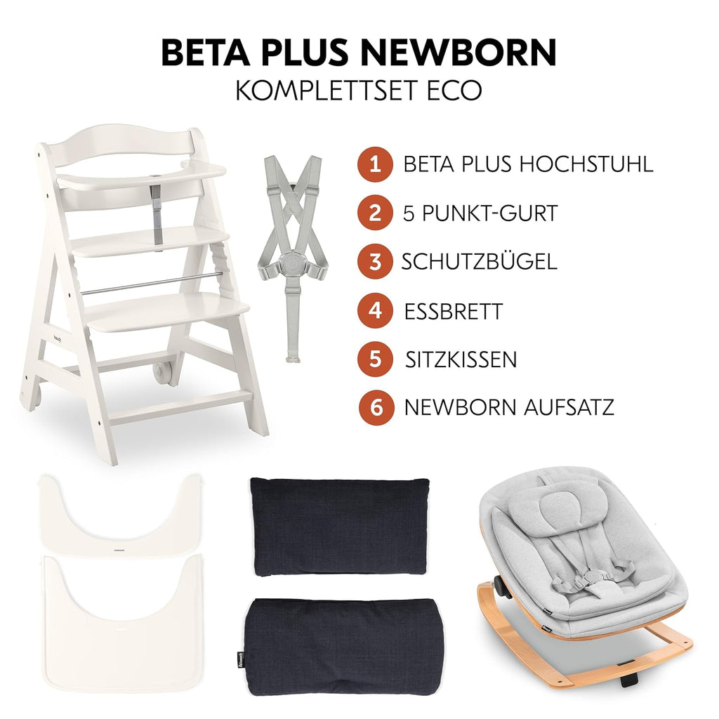 Hauck Trona Beta+ Newborn Set Eco Bouncer - Trona de madera evolutiva para bebés desde el nacimiento, incluye accesorio para recién nacidos, cojín de asiento y bandeja - Gris oscuro