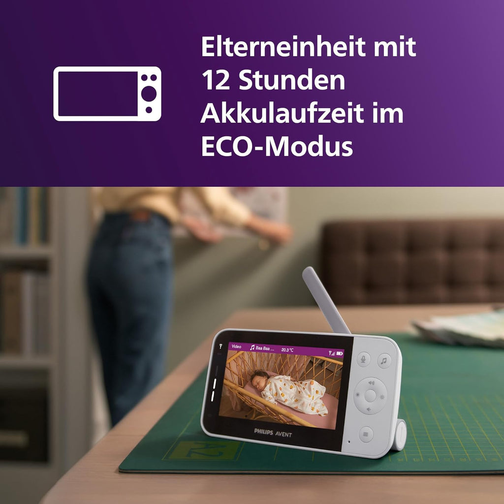 Vigilabebés con vídeo conectado PHILIPS Avent con Wi-Fi, cámara HD de alta calidad, visión nocturna por infrarrojos, detección de llanto, función de comunicación bidireccional, 12 horas de duración de la batería en modo Eco, modelo SCD951/26