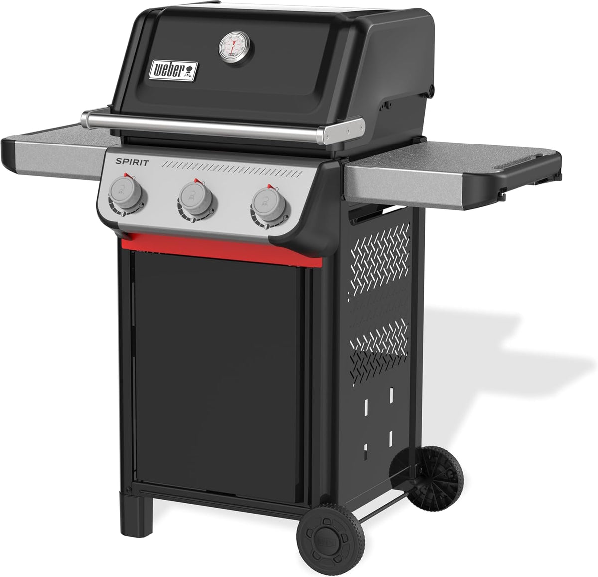 Barbacoa de gas Weber Spirit E-310 / 3 quemadores, encendido Snap-Jet, ruedas resistentes y rejilla de calentamiento, superficie de cocción de 51 x 46 cm, compatible con las mesas laterales Weber Works, negro/plateado