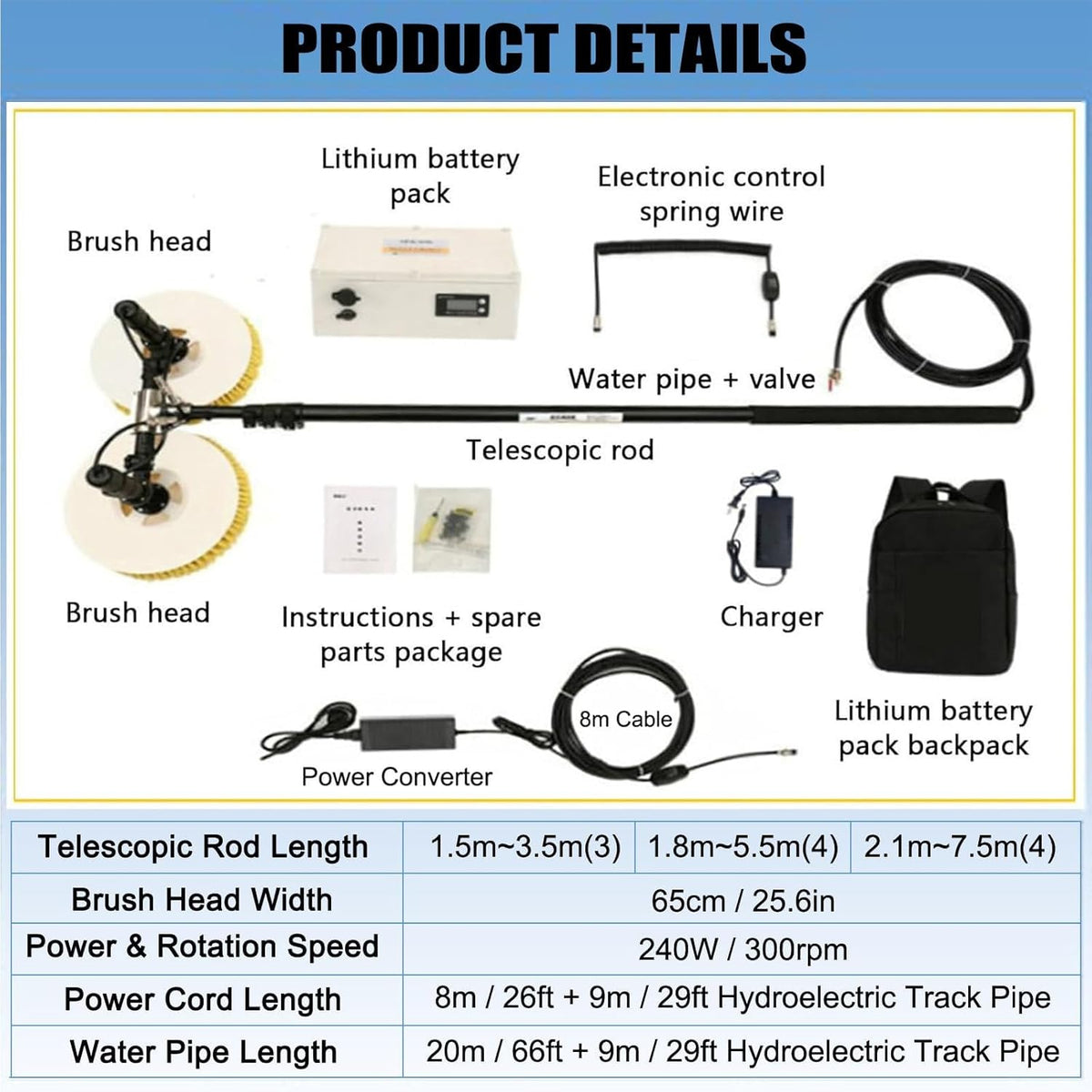 Cepillo de limpieza solar profesional para exteriores, cabezal de doble rotación, 65 cm/25.59 pulgadas de ancho de trabajo, pértiga telescópica, resistente al agua y ahorro de energía, para instalaciones fotovoltaicas (red eléctrica, 7.5 m)
