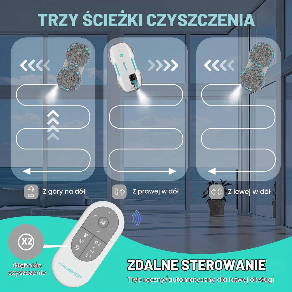 HAUSHOF Robot do mycia okien z funkcją spryskiwania, 3800 PA, elektryczna myjka do okien, inteligentna nawigacja, pilot zdalnego sterowania, z myjką do szyb i chusteczkami, podwójna ochrona, do okien