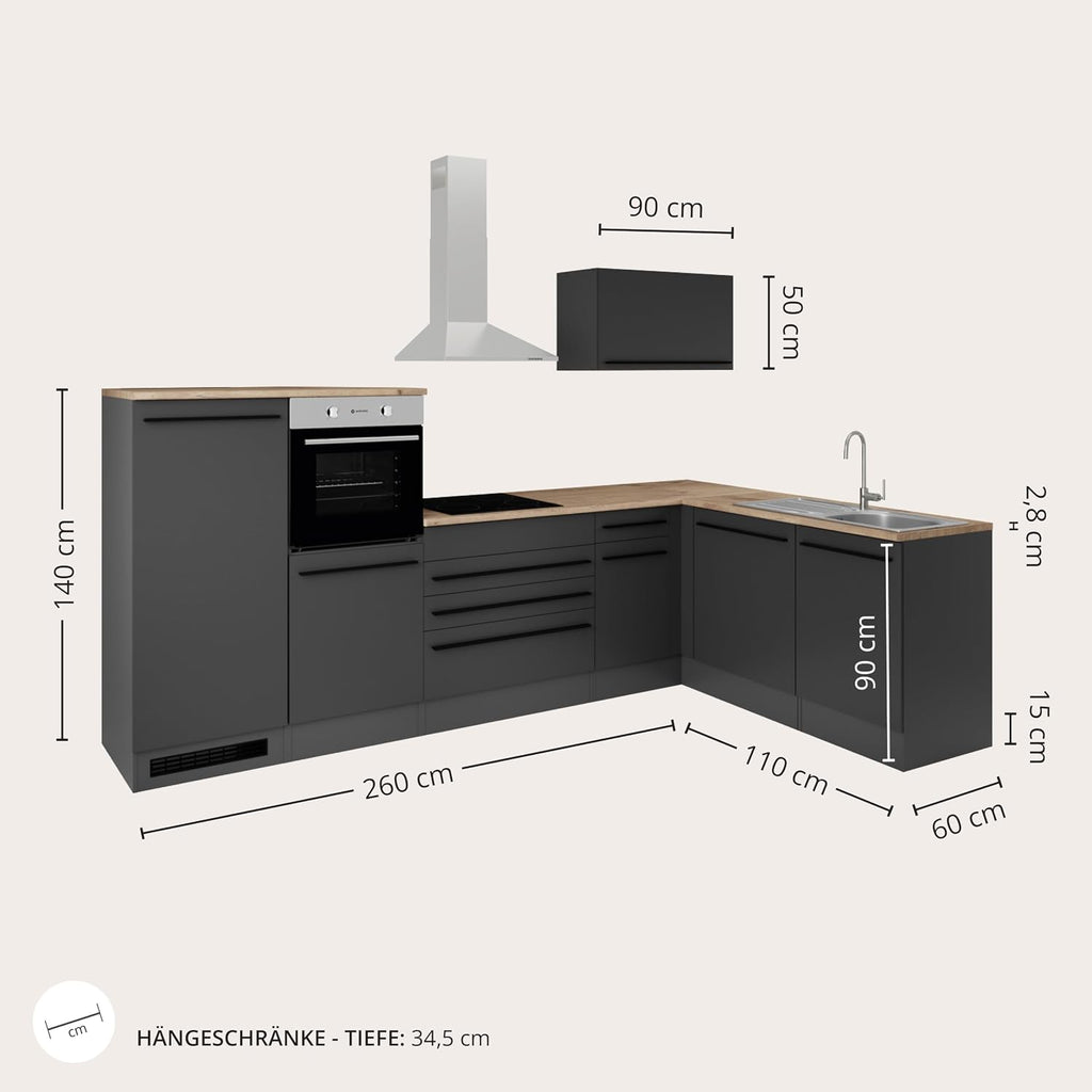 Cocina esquinera JAZZ 4 sin electrodomésticos en forma de L, negro mate y acabado roble Lanzelot