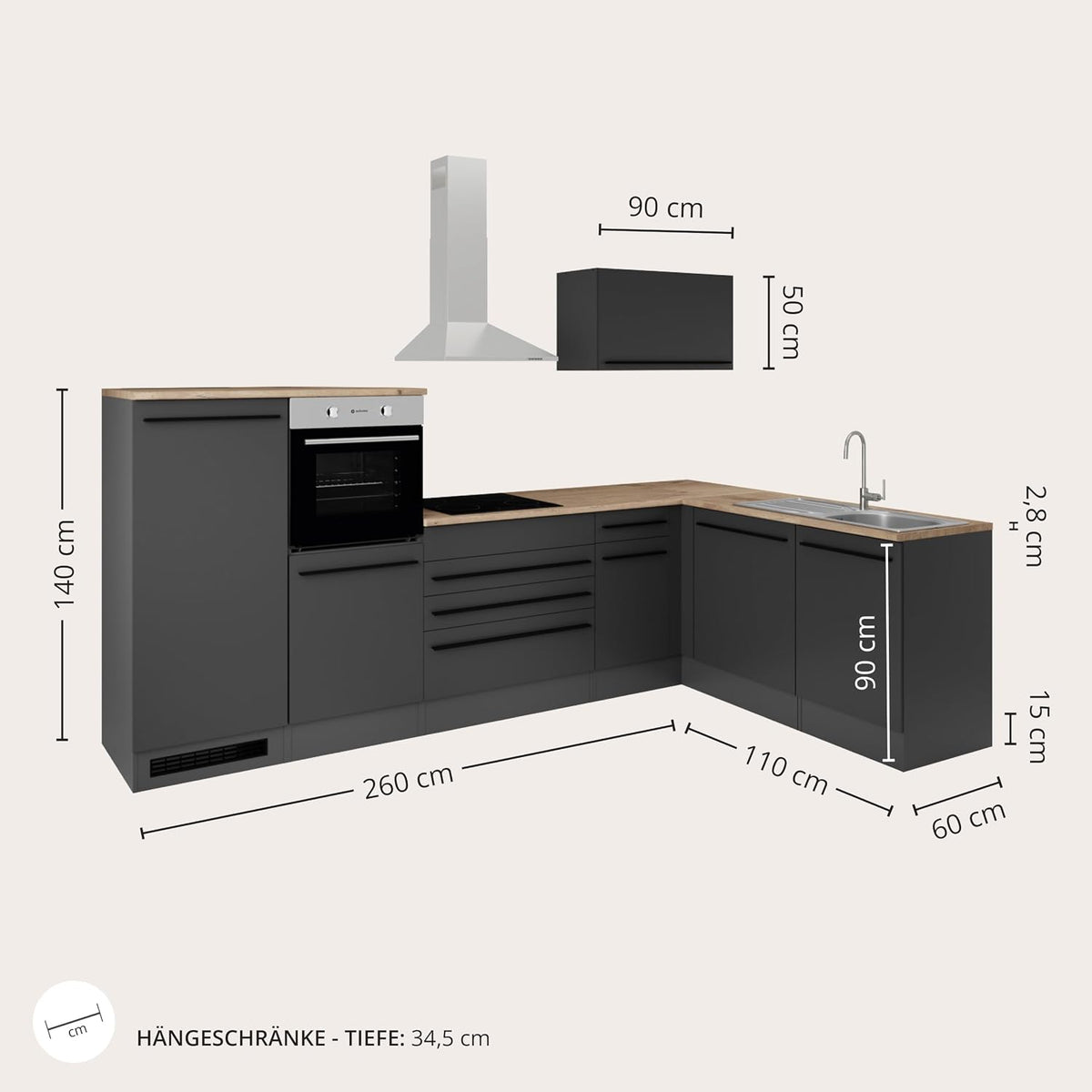 Cocina esquinera JAZZ 4 sin electrodomésticos en forma de L, negro mate y acabado roble Lanzelot