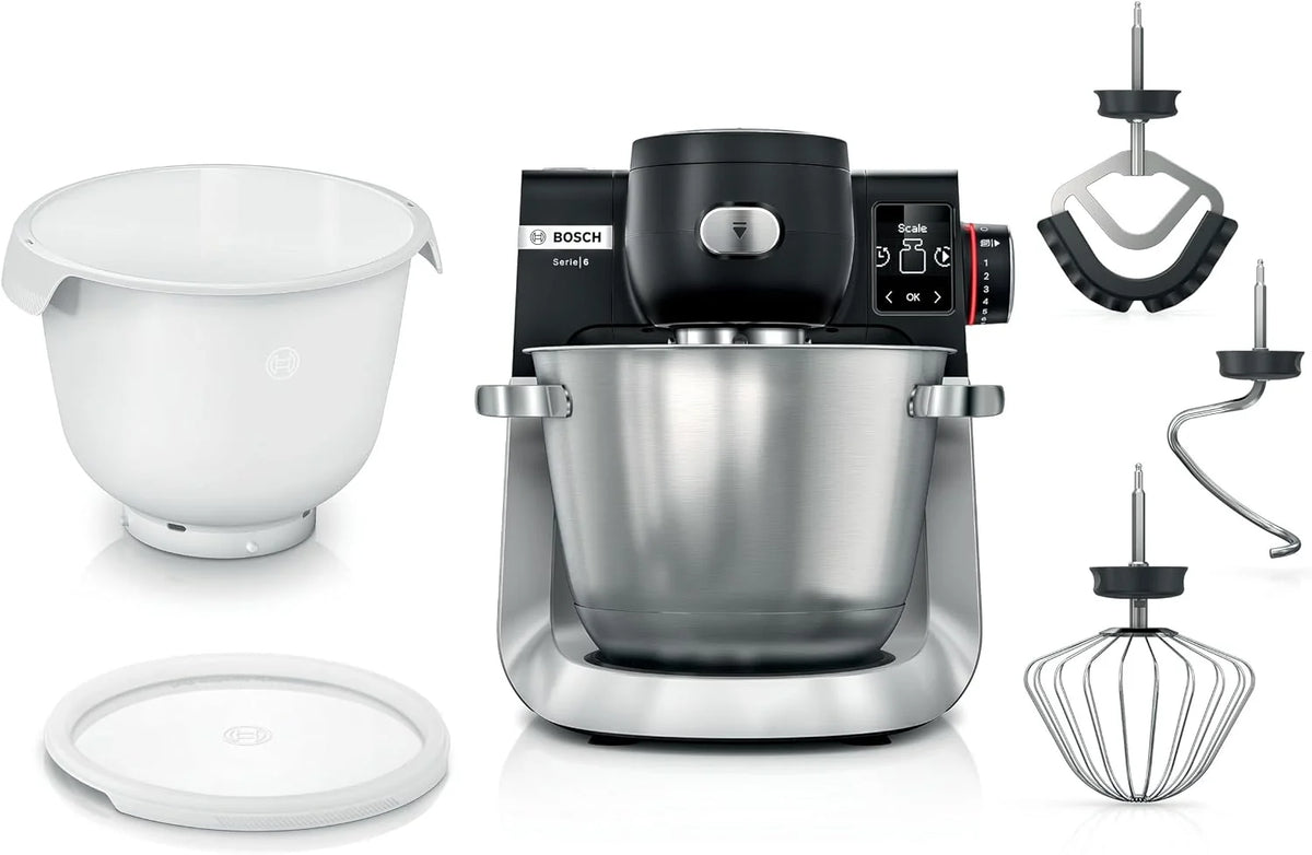 Bosch Robot kuchenny seria 6, 2 miski 5,5 l (stal nierdzewna, tworzywo sztuczne), waga zintegrowana, 7 programów automatycznych, 7 stopni, mieszadło planetarne, hak do zagniatania/miotła silikonowa