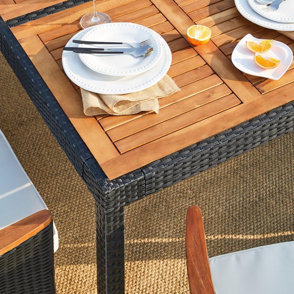 Conjunto de muebles de jardín Casaria®: 8 sillas con cojines de 7 cm, mesa, 2 respaldos ajustables, muebles de terraza para exteriores, polirratán, resistente a la intemperie, madera de acacia, comedor, jardín, balcón, salón.
