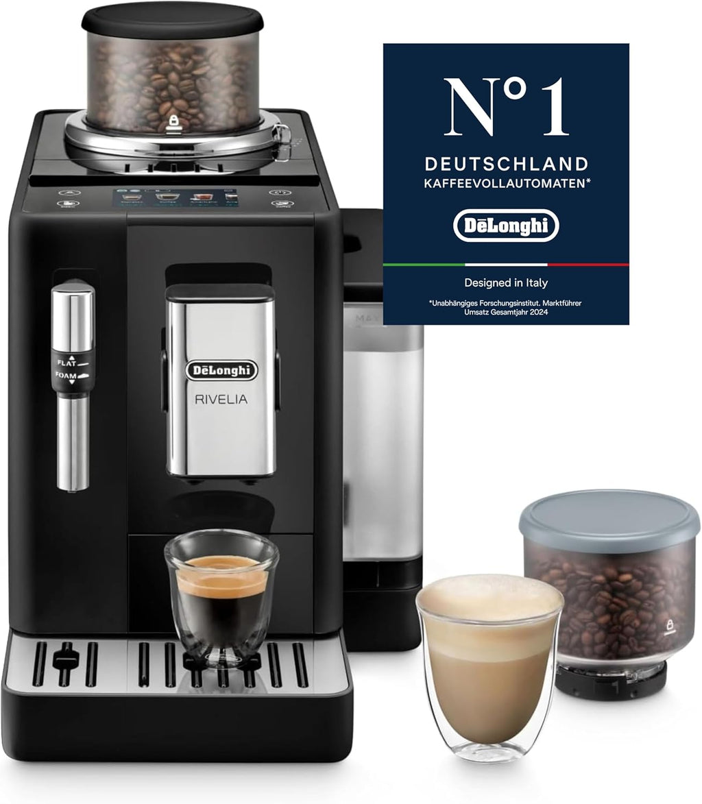 De'Longhi Rivelia EXAM440.35.B, Cafetera superautomática, granos recién molidos, contenedor de granos intercambiable, espumador de leche clásico, 8 recetas, pantalla táctil a color, negro