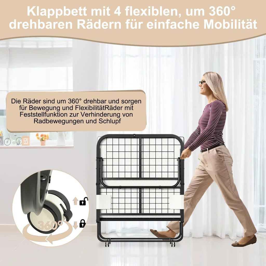 Cama plegable Sonnewelt 90x200 cm con 13 cm de grosor y ruedas