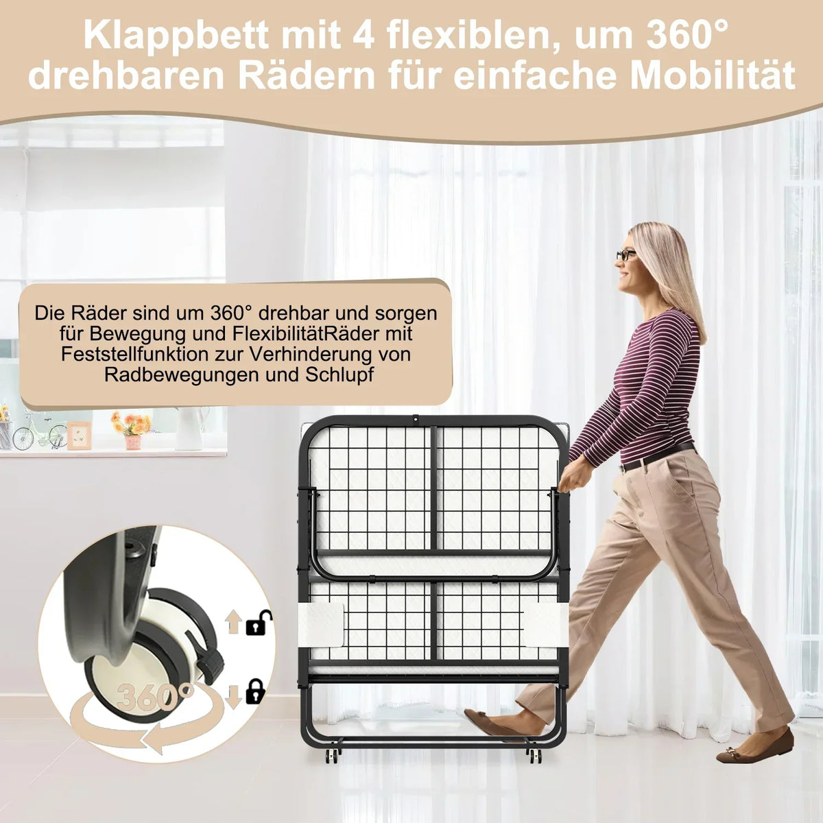 Cama plegable Sonnewelt 90x200 cm con 13 cm de grosor y ruedas