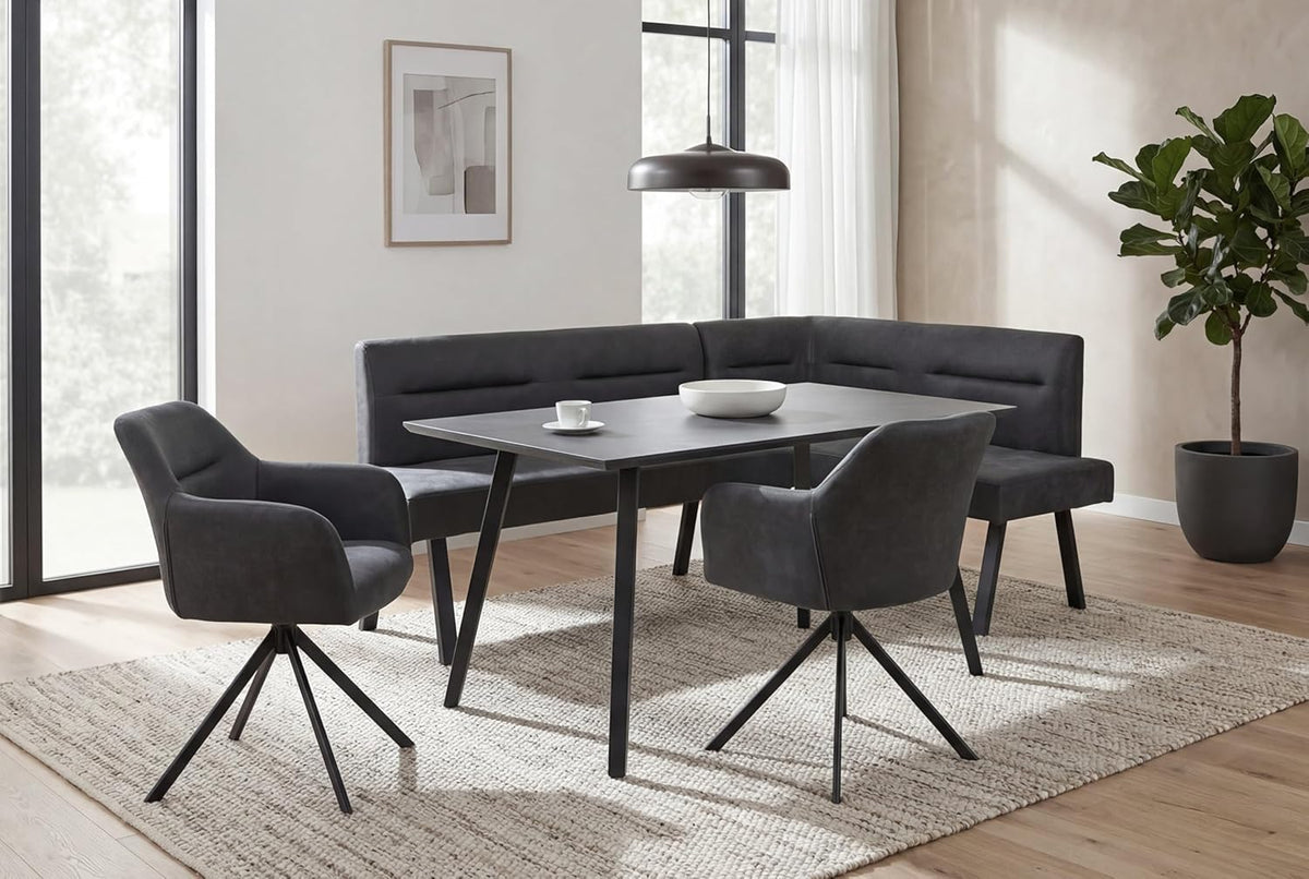 Banco esquinero byLIVING Montreal, brazo largo a la izquierda, muelles ensacados, Al. 87 | Tapicería color antracita, estructura negra, costuras decorativas en el respaldo, banco de comedor, banco de cocina, 181 x 128, Prof. 56 cm