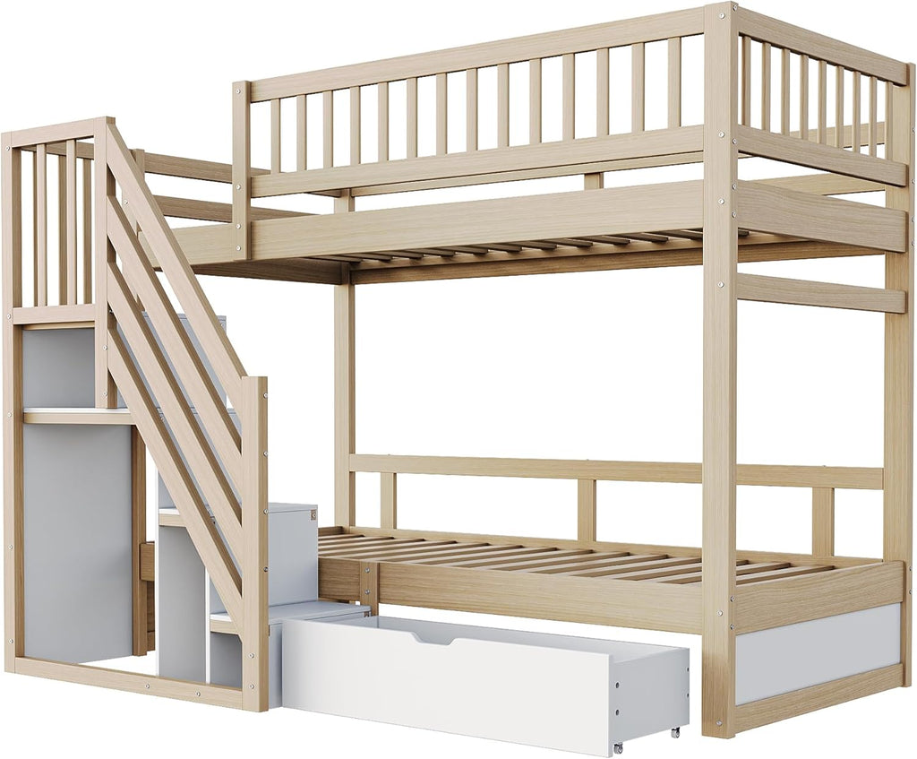 Litera 90x200 para 2 niños, cama alta infantil con escalera, armario de almacenamiento y cajón, cama funcional, litera, cama alta juvenil con 2 somieres, madera maciza, sin colchón, color madera