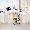 Escritorio en L HSH con cajones, escritorio esquinero para oficina en casa, mesa de ordenador con espacio de almacenamiento y armario, escritorio moderno de metal y madera para despacho, blanco, 150 cm