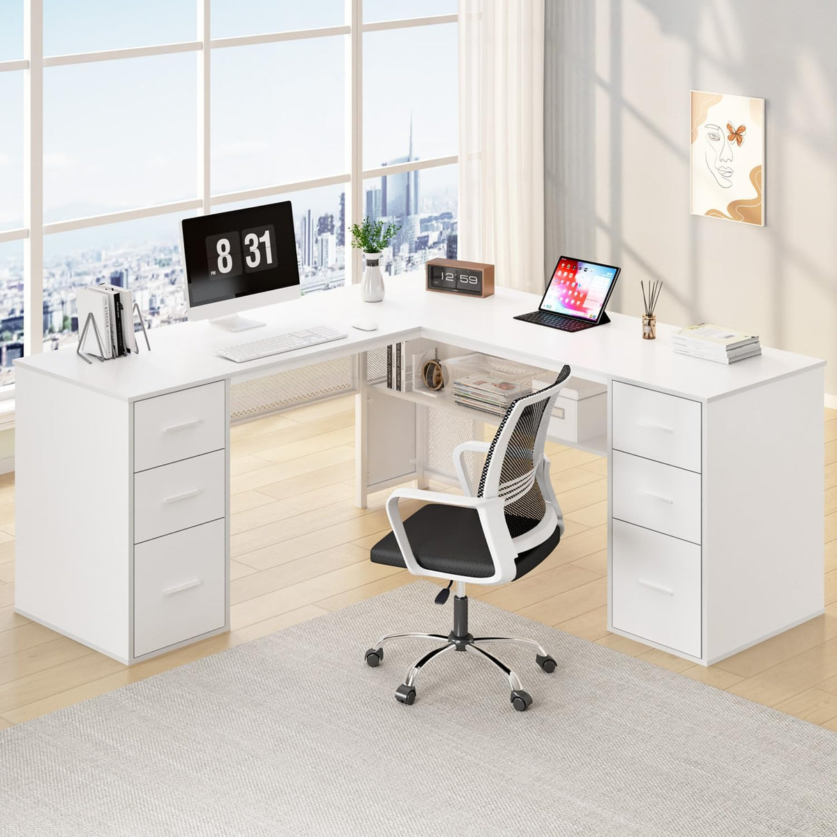 Escritorio en L HSH con cajones, escritorio esquinero para oficina en casa, mesa de ordenador con espacio de almacenamiento y armario, escritorio moderno de metal y madera para despacho, blanco, 150 cm