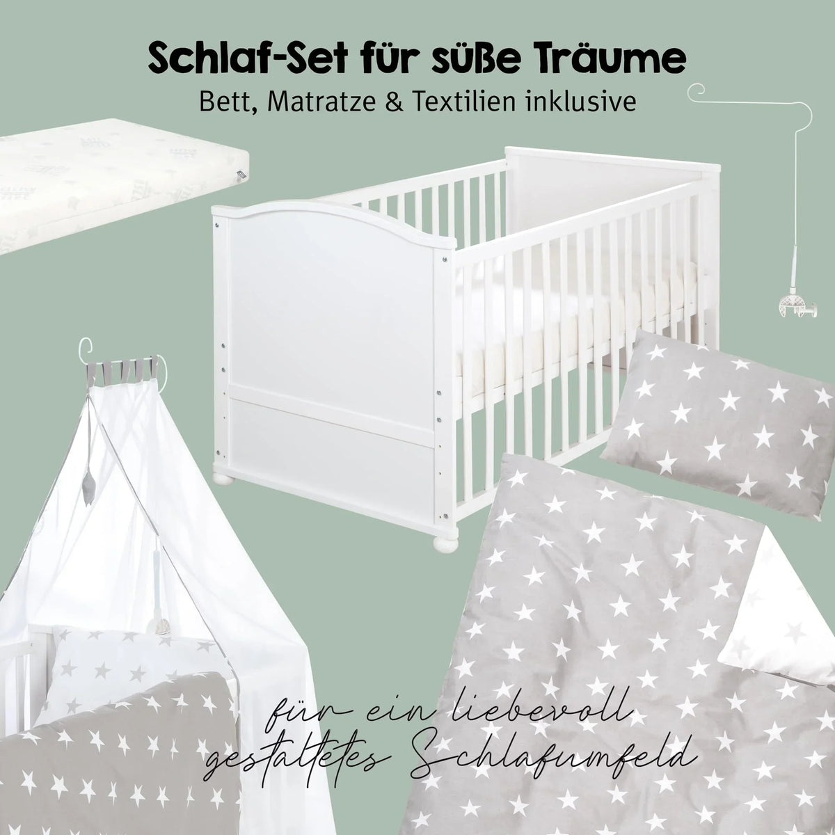 Juego de cuna roba Little Stars 70 x 140 cm, convertible y ajustable en altura, con textiles completos, diseño de estrellas, madera blanca