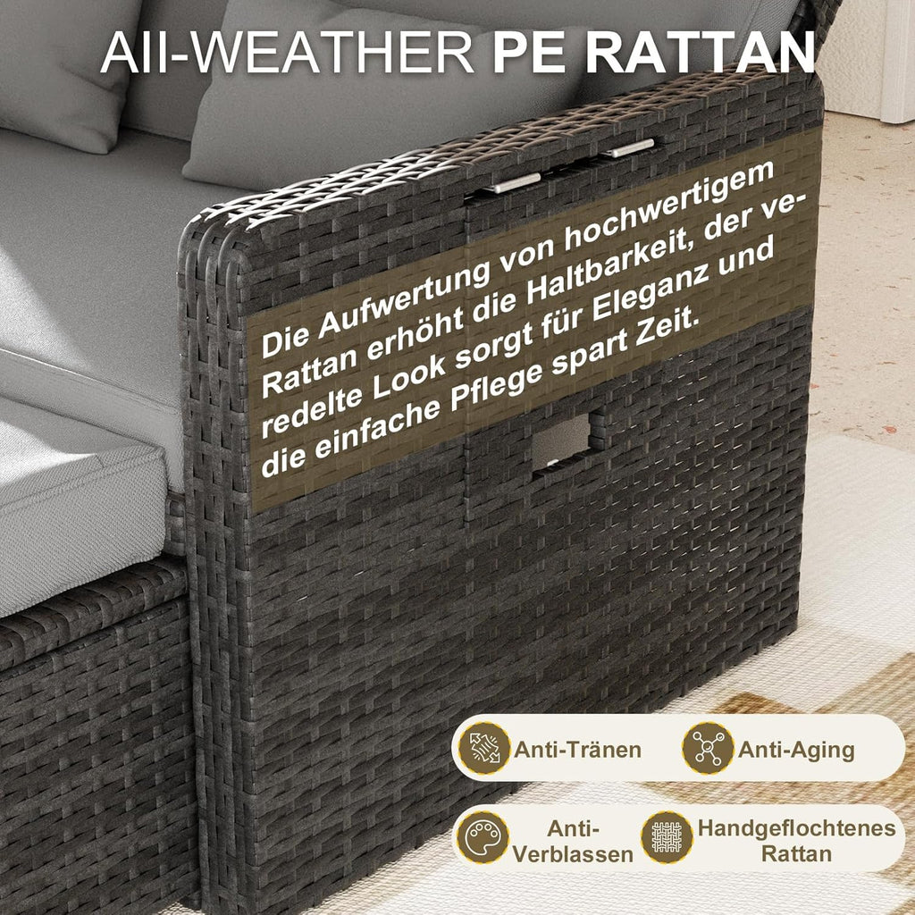 Muebles de salón de ratán para exteriores UDPATIO, muebles de balcón, sofá de jardín con taburete, sofá de ratán con espacio de almacenamiento, cama de jardín ajustable de 2 plazas para terraza, balcón, jardín, gris jaspeado y fundas gris oscuro