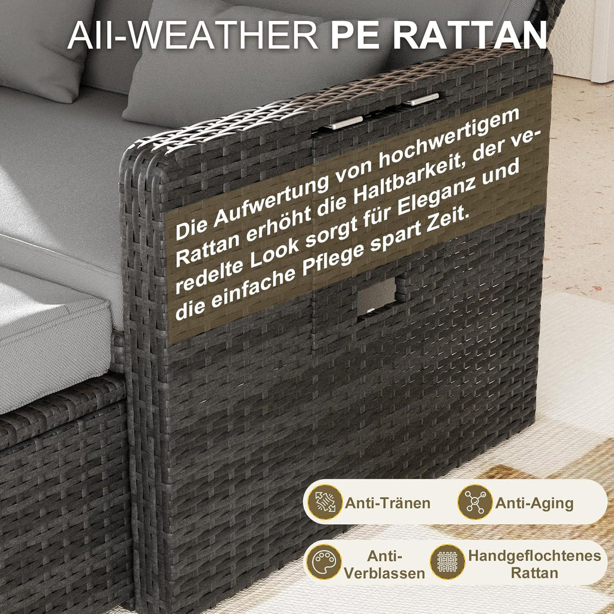 Muebles de salón de ratán para exteriores UDPATIO, muebles de balcón, sofá de jardín con taburete, sofá de ratán con espacio de almacenamiento, cama de jardín ajustable de 2 plazas para terraza, balcón, jardín, gris jaspeado y fundas gris oscuro