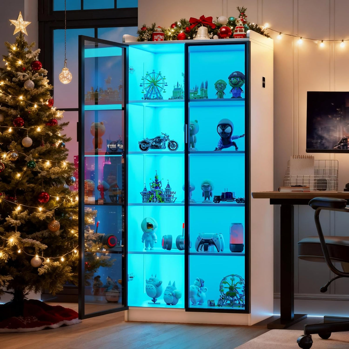 Vitrina Lvifur blanca, aparador de 35 × 70 × 165 cm, armario despensero inteligente con 3 colores RGB regulables, aparador de buffet con sensor inteligente, color blanco