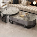 Mesa de centro ovalada de piedra, juego de 2, mesa de salón con cajón, mesa auxiliar de cristal, negro/gris – Gris, (99,9 cm L x 49,9 cm An x 40,6 cm Al) + (69,9 cm L x 69,9 cm An x 45,7 cm Al)