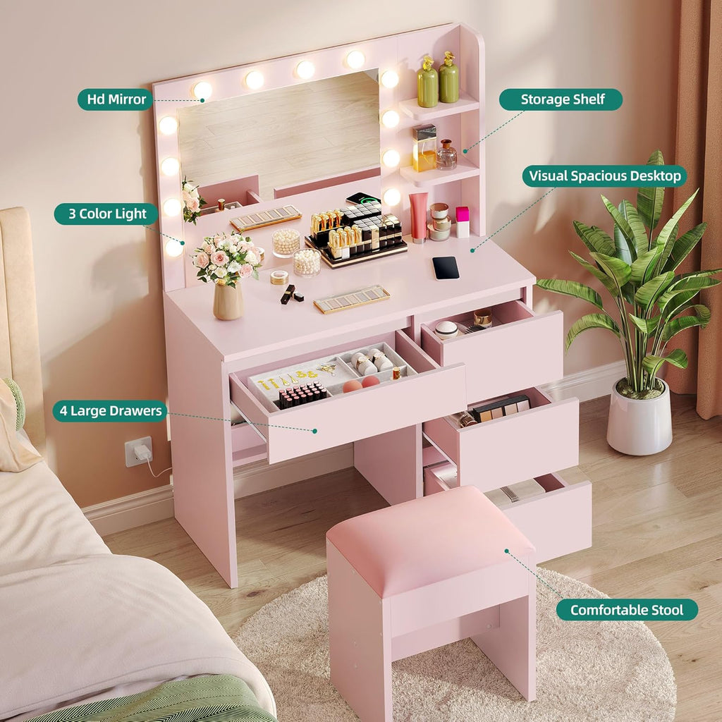 Tocador YITAHOME con iluminación, mesa de maquillaje con espejo y taburete, 3 colores con brillo ajustable, tocador con 4 cajones y compartimentos abiertos, mesa de tocador rosa