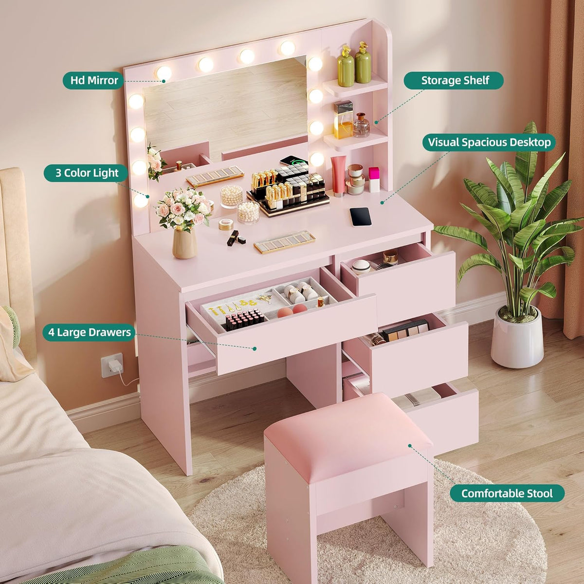 Tocador YITAHOME con iluminación, mesa de maquillaje con espejo y taburete, 3 colores con brillo ajustable, tocador con 4 cajones y compartimentos abiertos, mesa de tocador rosa
