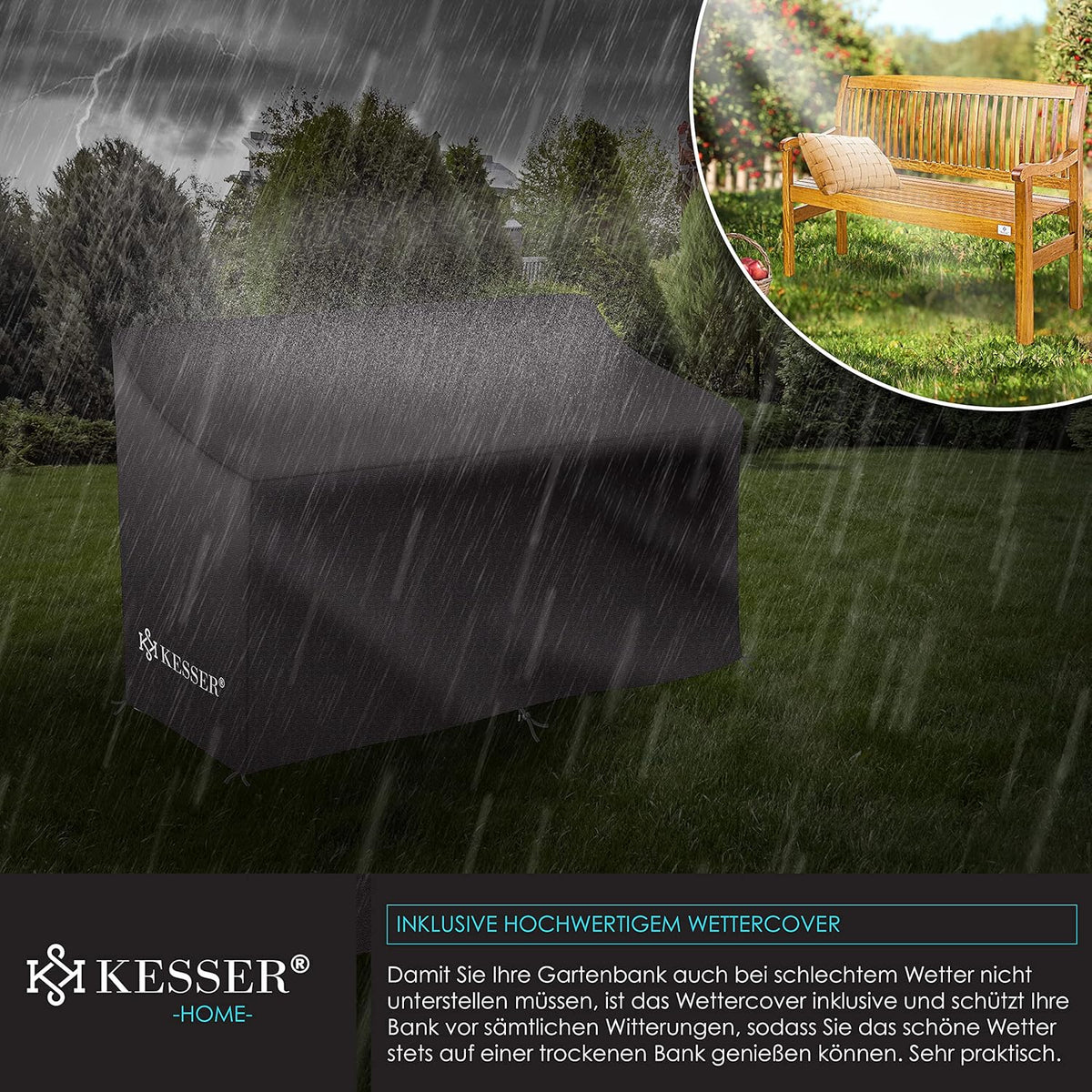 KESSER® Banco de jardín de madera, resistente a la intemperie | Para 3 a 4 personas | Banco de parque de madera maciza | Banco con capacidad de carga de 320 kg, 150 cm | Banco para balcón, terraza y jardín, incluye funda, marrón claro