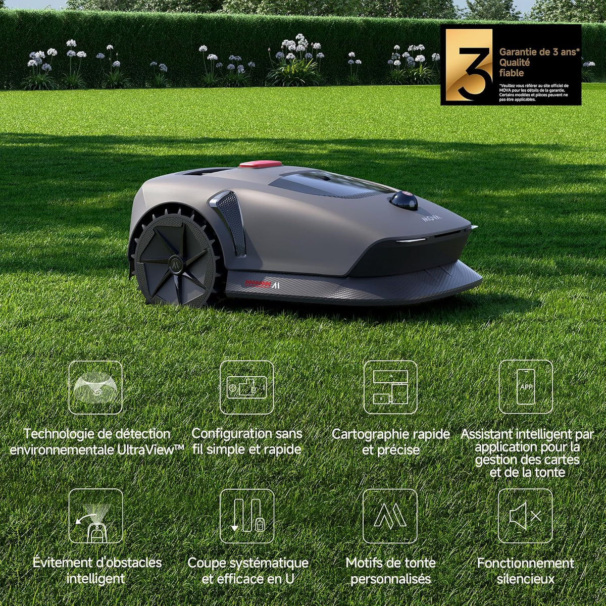Robot cortacésped inalámbrico MOVA 600, cartografía LiDAR 3D de 360° hasta 600 m², evitación inteligente de obstáculos. Control por aplicación, corte en U, silencioso, alertas de seguridad.