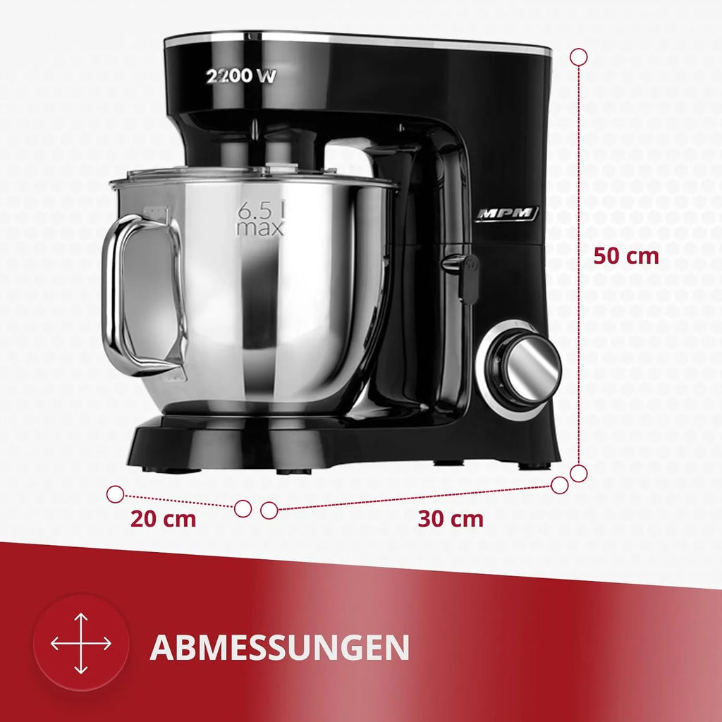 MPM MRK-19 Mikser Planetarny z Misą Mieszającą 6,5 l - Urządzenie Kuchenne do Ugniatania 2200 W - 6-stopniowa Regulacja Prędkości + Funkcja Pulse - Czarny