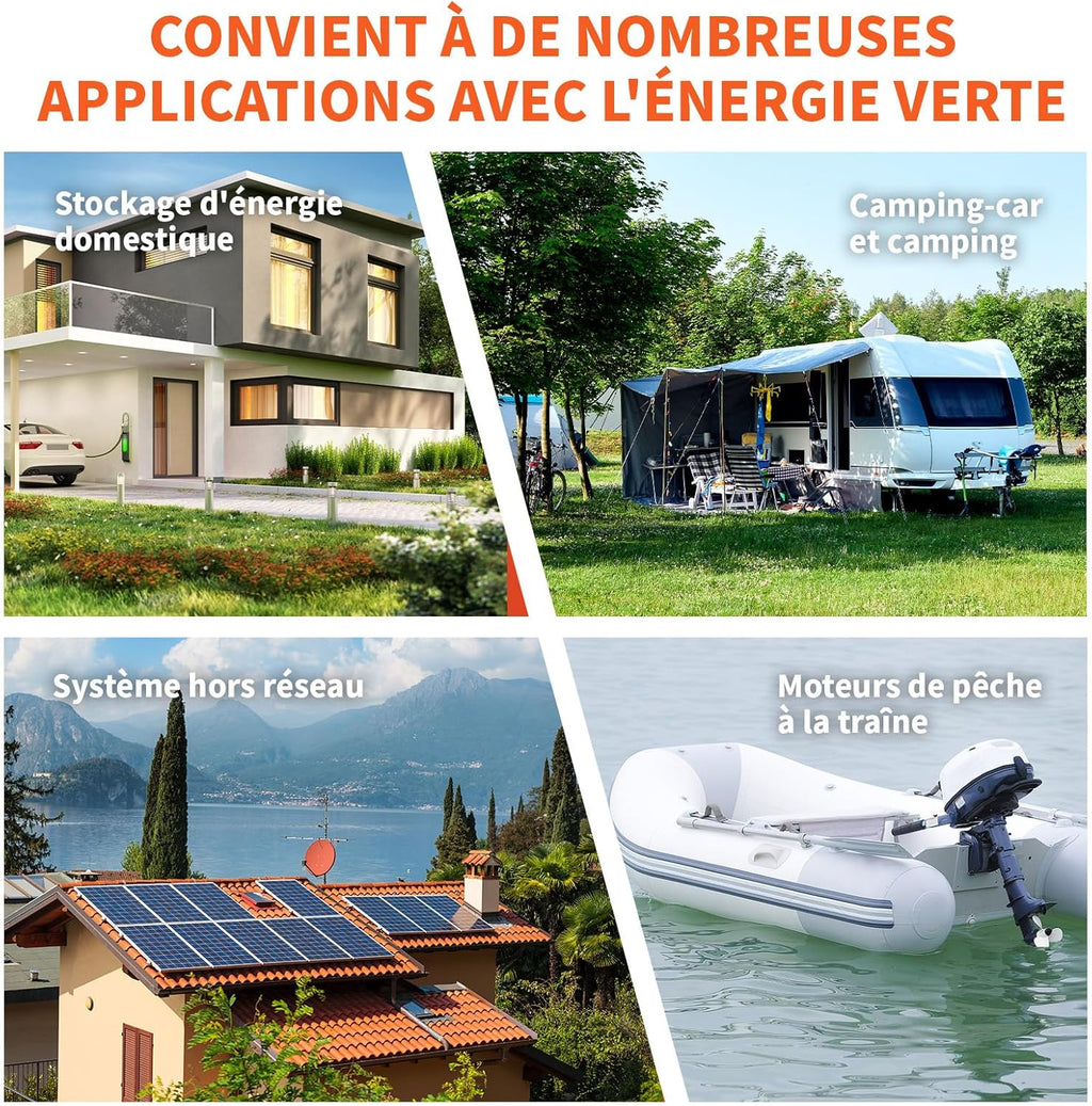 Batería LiFePO4 de 24V 100Ah de expansión flexible (2S4P) para 20,48 kWh, con BMS de 100A y alta densidad energética para autocaravanas, barcos, casas autónomas y aplicaciones fuera de la red.