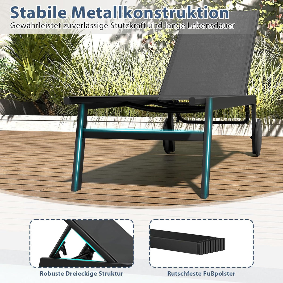COSTWAY Juego de 2 tumbonas con ruedas, silla de jardín con respaldo ajustable y tela de secado rápido, tumbona con ruedas con capacidad de carga de hasta 150 kg, silla para jardín, balcón, terraza (gris)
