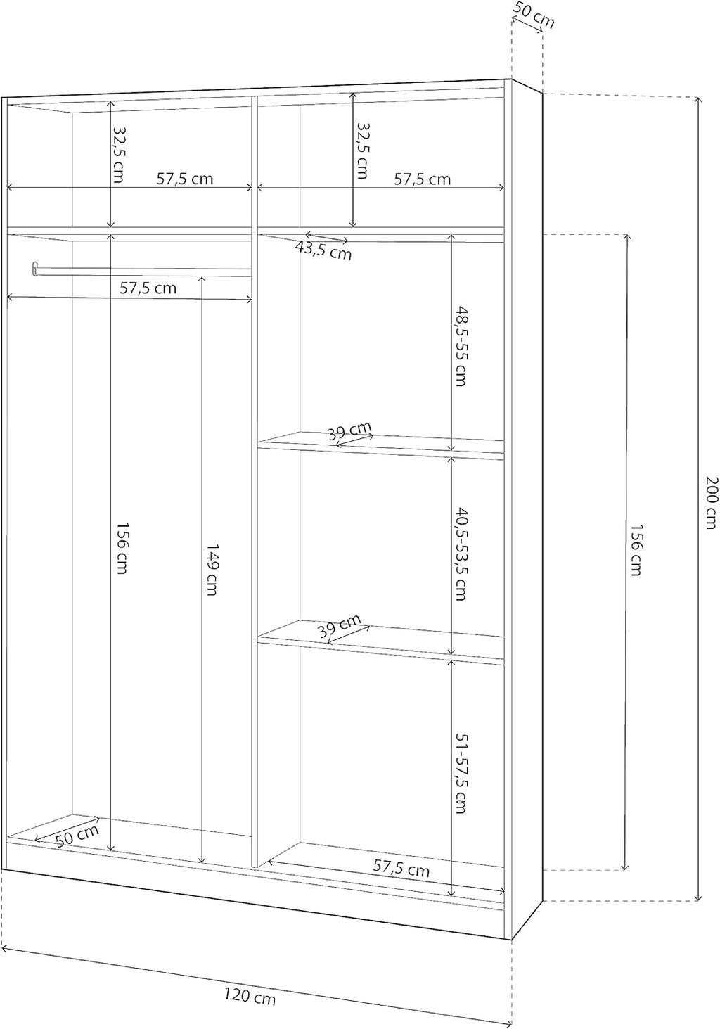 duehome | Armario de 2 puertas correderas, barra de colgar y estantes, armario para dormitorio, modelo Show, acabado en blanco Artik y cemento, medidas: 120 cm (largo) x 200 cm (alto) x 50 cm (fondo)