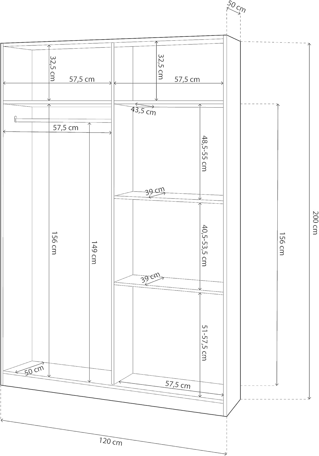 duehome | Armario de 2 puertas correderas, barra de colgar y estantes, armario para dormitorio, modelo Show, acabado en blanco Artik y cemento, medidas: 120 cm (largo) x 200 cm (alto) x 50 cm (fondo)