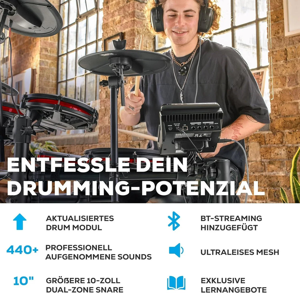 Batería electrónica de 8 piezas Nitro Max Kit, caja de 10 pulgadas de doble zona con parches de malla, Bluetooth, USB MIDI, más de 440 sonidos