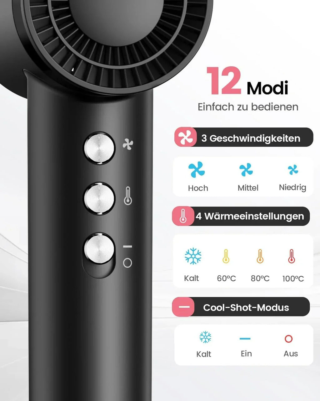 Secador de pelo iónico con motor de alta velocidad de 110.000 rpm, 1600 W, con difusor y 2 boquillas magnéticas