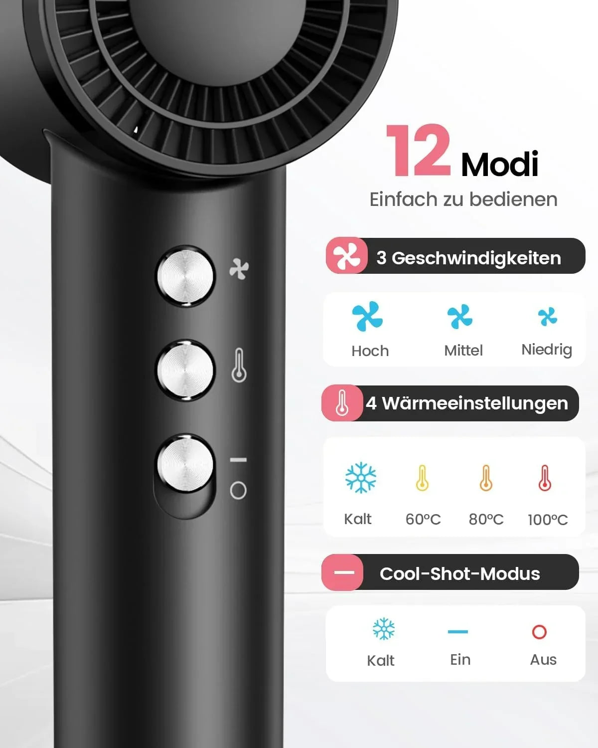 Secador de pelo iónico con motor de alta velocidad de 110.000 rpm, 1600 W, con difusor y 2 boquillas magnéticas