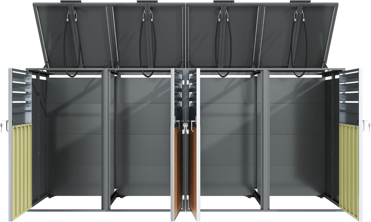 Cubo para 4 contenedores de basura de hasta 240 L con tapa abatible, ventilación con lamas, compartimentos de almacenamiento de basura, cerradura, dos puertas, caseta para jardín, revestimiento para cubos de basura, 4 contenedores