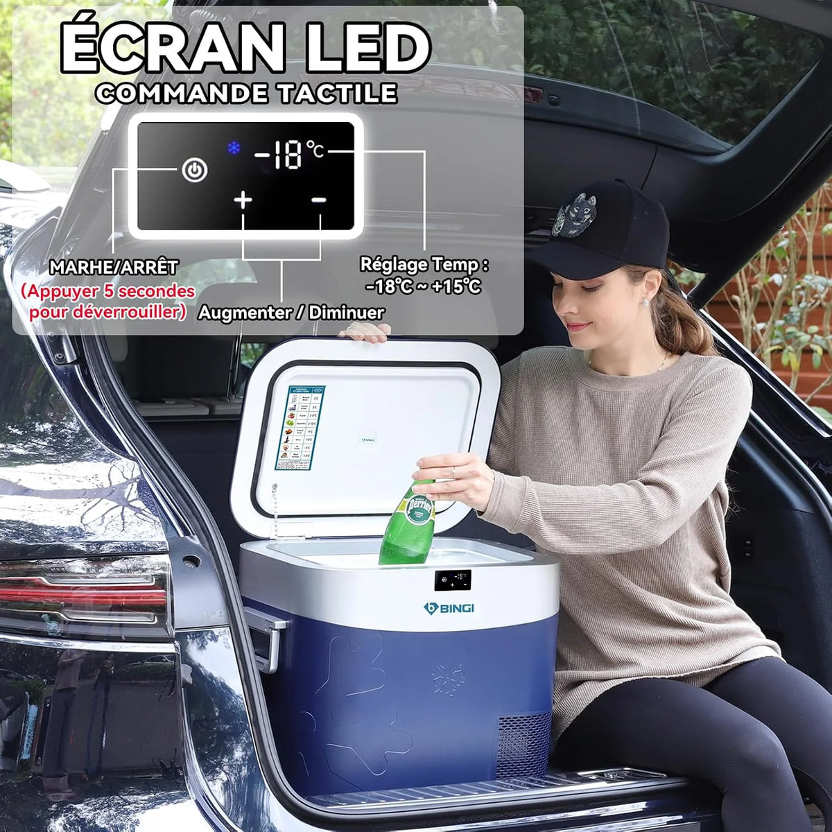 BINGI przenośna lodówka samochodowa 22 l, 12/24 V DC i 230 V AC, mini zamrażarka do samochodu, ciężarówki, na kemping, do domu (15°C do -18℃)