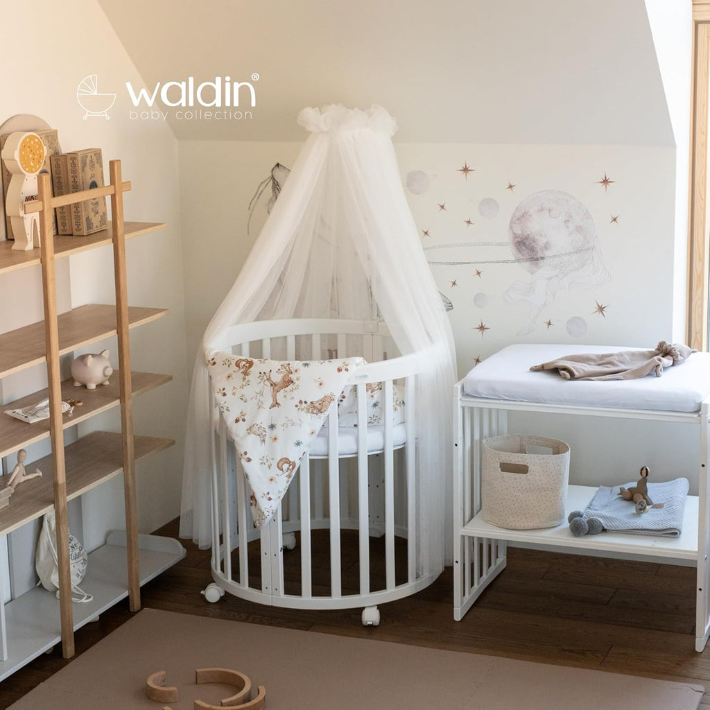 Cuna ovalada evolutiva Waldin, set completo 7 en 1, cuna de barrotes, cama infantil con colchón, cambiador, cuna colecho, madera blanca
