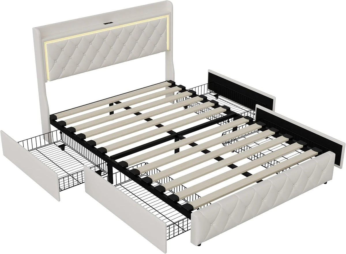 Podwójne łóżko z pojemnikiem 140 x 200 cm, łóżko tapicerowane 140 x 200 cm z 4 szufladami, LED i portem USB, funkcjonalne łóżko z zagłówkiem, rama łóżka z stelażem listwowym, aksamit, bez materaca