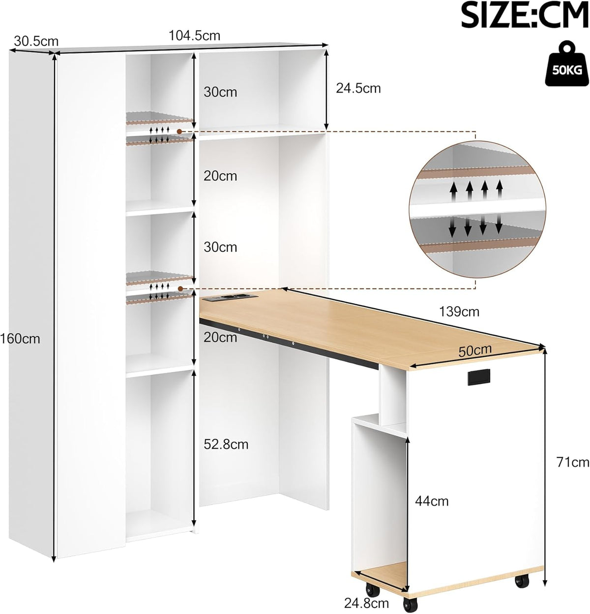 Escritorio plegable 2 en 1 Merax con estantes, toma de corriente y USB, protección antivuelco, escritorio esquinero izquierdo – Oficina en casa, apartamento de estudiantes, ahorro de espacio, funcional, estantería y puesto de trabajo, blanco