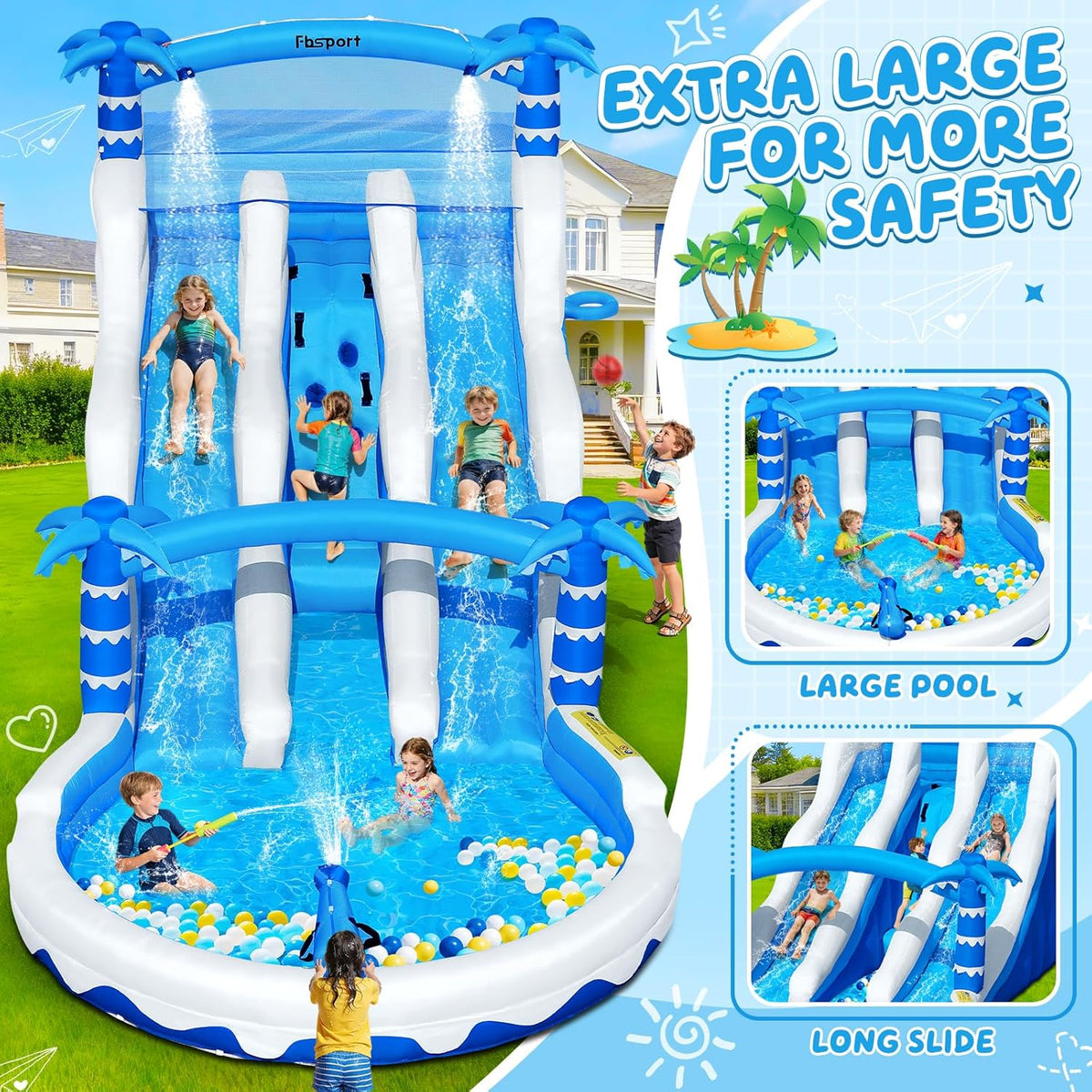Castillo hinchable XXL con 2 toboganes de agua para uso comercial, adultos y niños, hinchable para interior y exterior con soplador, piscina, tobogán, canasta, sistema de aspersores y pared de escalada, 630x290x285 cm