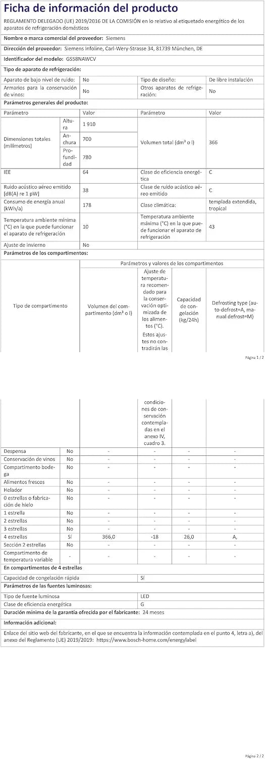 Congelador Siemens GS54NAWCV iQ500, 176 x 70 cm, 327 L, noFrost nunca más volver a descongelar, bigBox espacio para alimentos congelados grandes, varioZone estantes y cajones de cristal flexibles, Blanco