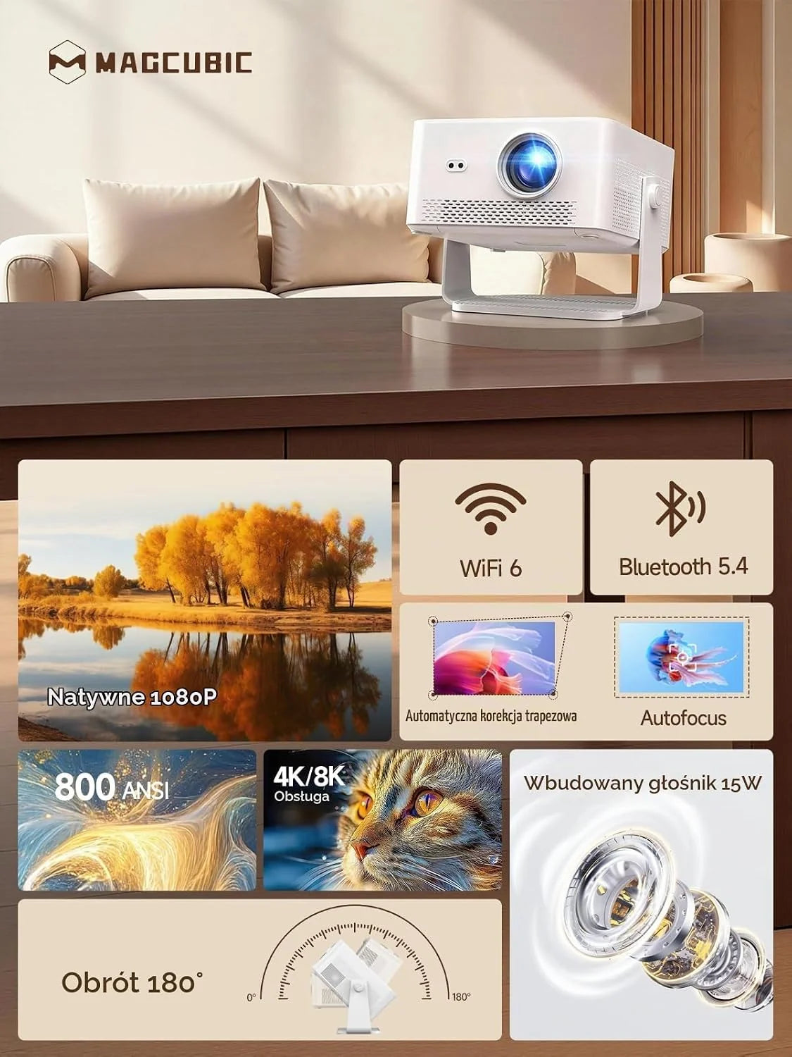 Smart Projektor Przenośny 4K Obsługa Android 14-800 ANSI Natywne 1080P