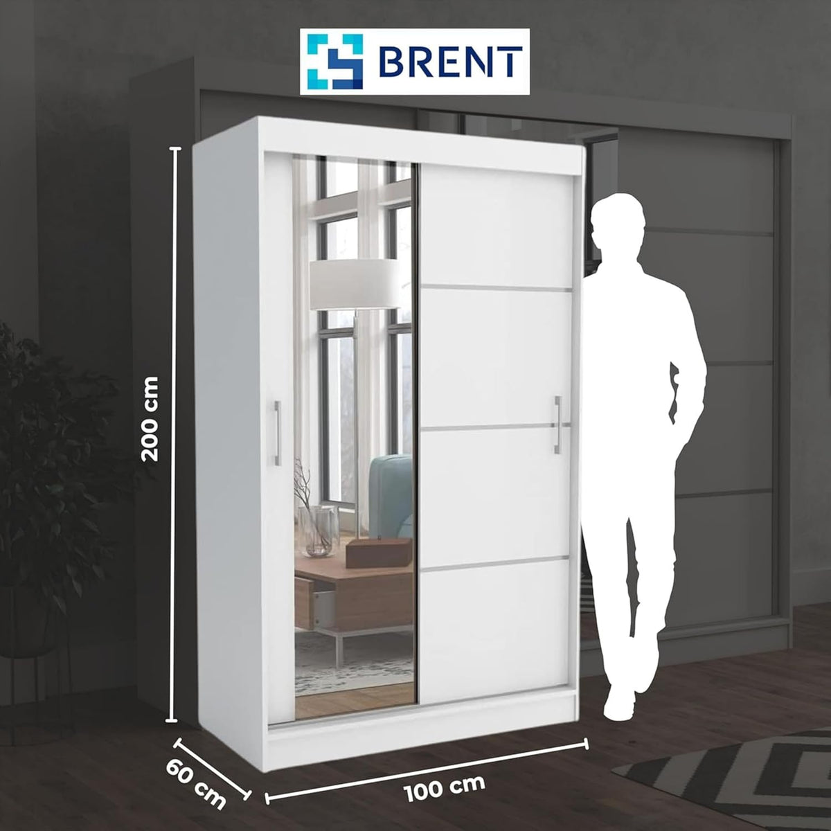 Brent - Armario con espejo, 100 cm de ancho, Windsor Tomy I Armario de dormitorio con 2 barras para ropa y estantes para ropa I Armario ropero Roble Sonoma