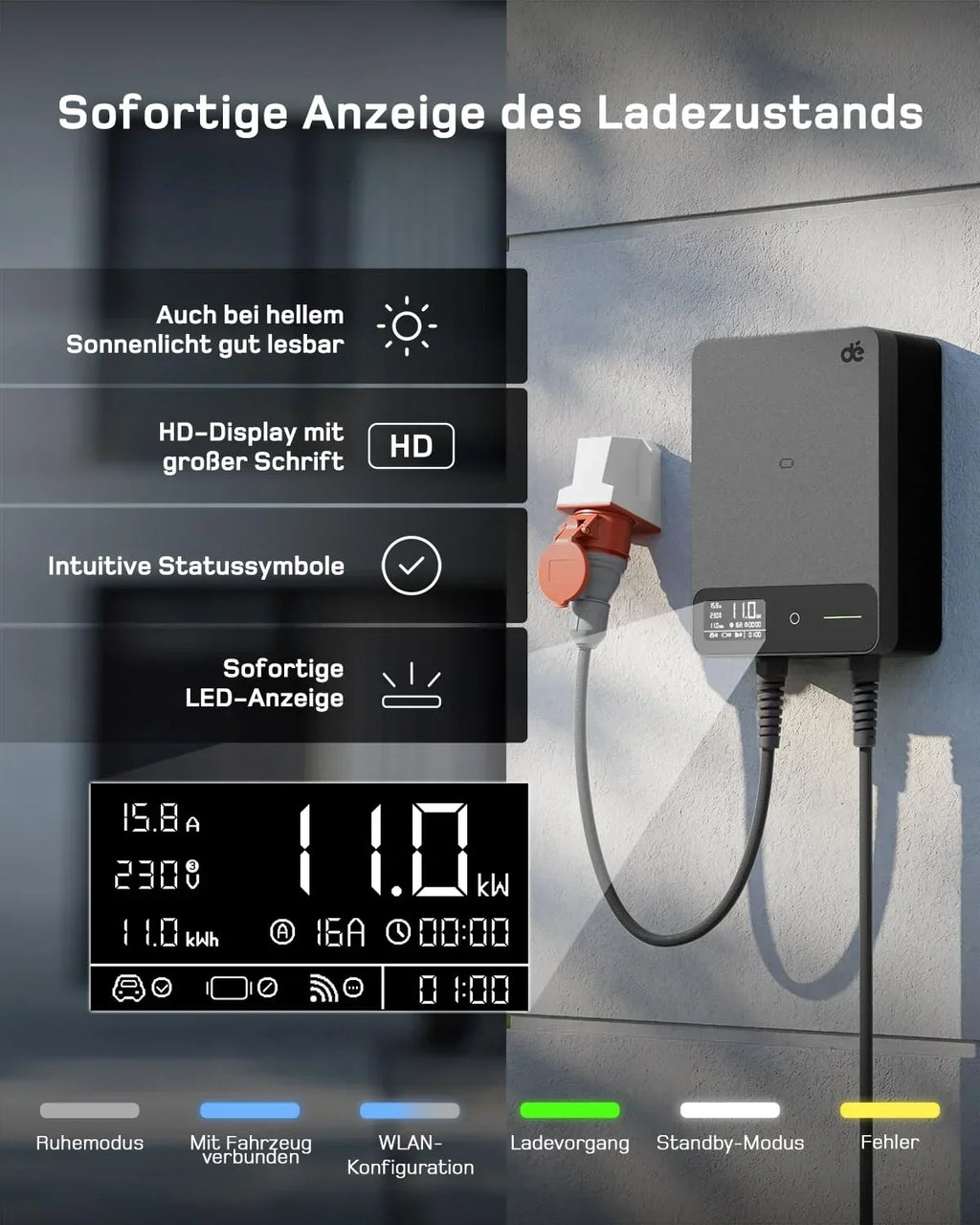 Wallbox 11kW, App, Tipo 2 7,5m, trifásica 400V, negro, soporte de cable, RCD Tipo A 30mA AC/6mA DC, IP54, §14a EnWG