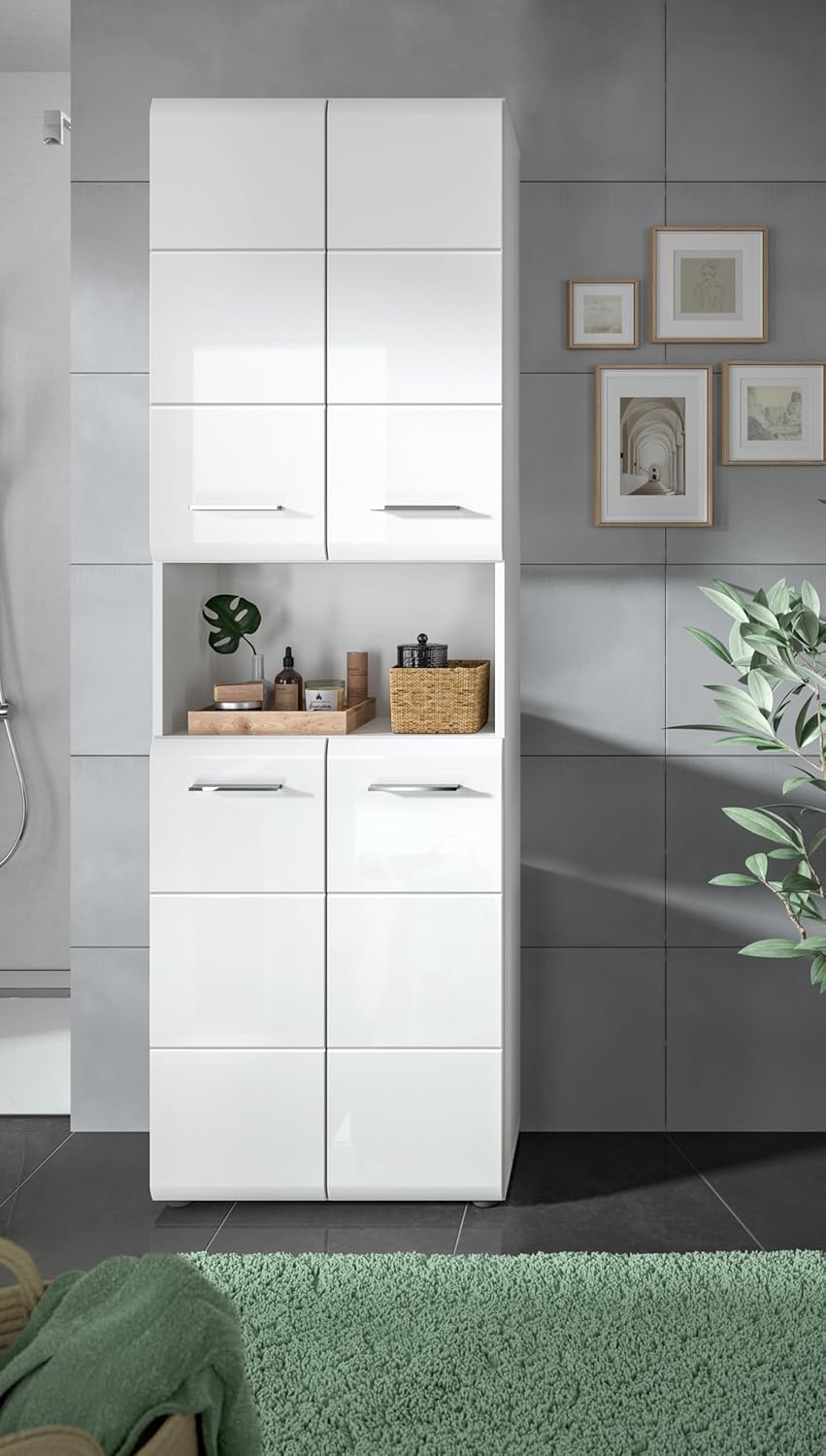 xonox.home - Armario alto Ice 60x185x30 cm, frente blanco alto brillo termoformado, cuerpo blanco - armario alto de baño ancho - elegante y funcional