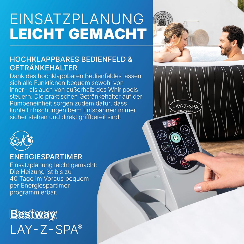 Jacuzzi inflable LED Bestway Lay-Z-Spa Hollywood para 6 personas, Ø 196x66 cm | 140 chorros AirJet, tira de luces LED con control remoto, calefacción hasta 40°C, 4 cojines de espuma