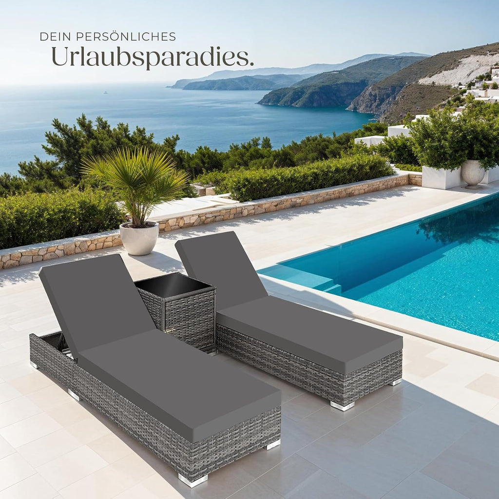 Set de 2 tumbonas con mesa 403088 de aluminio y ratán sintético, ajustables en 5 posiciones, incl. funda protectora, gris